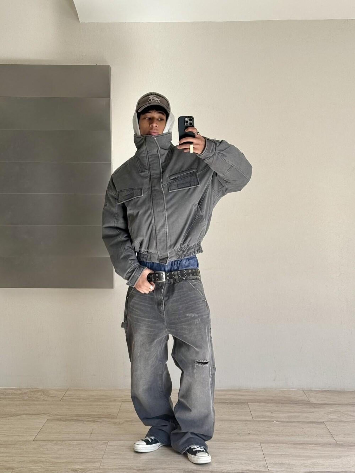 VLABMADE Ripped Washed Mid Rise Grey Denim Relaxed Outdoor Breathable Classic Cargo Pants