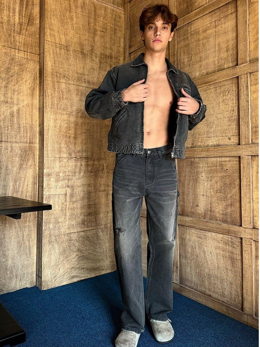 VLABMADE Ripped Washed Mid Rise Grey Denim Relaxed Outdoor Breathable Classic Cargo Pants