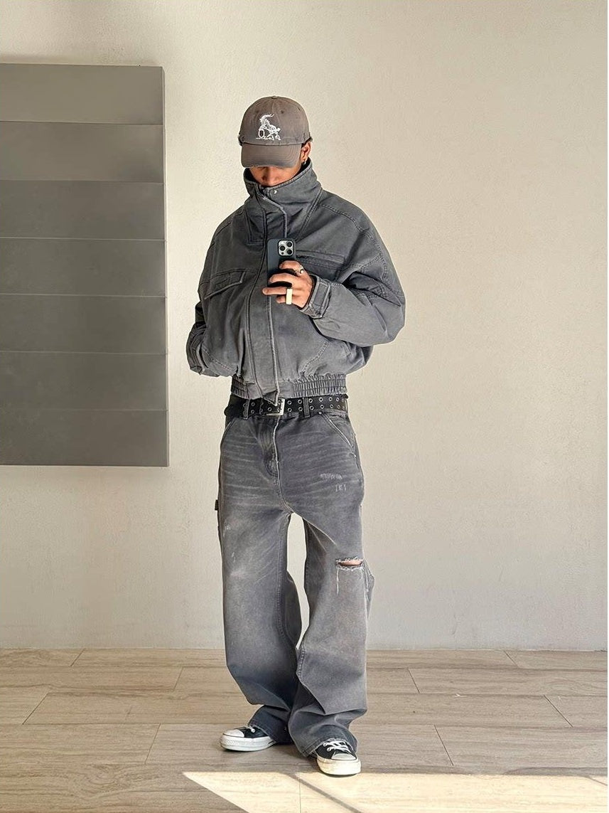 VLABMADE Ripped Washed Mid Rise Grey Denim Relaxed Outdoor Breathable Classic Cargo Pants
