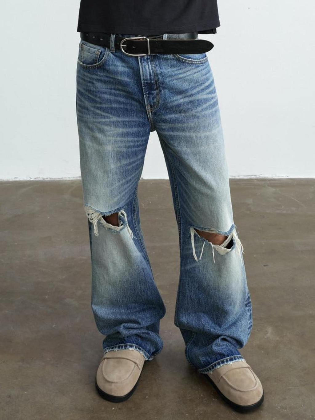 VLABMADE Ripped Washed Mid Rise Vintage Loose Denim Breathable Blue Straight-Leg Jeans