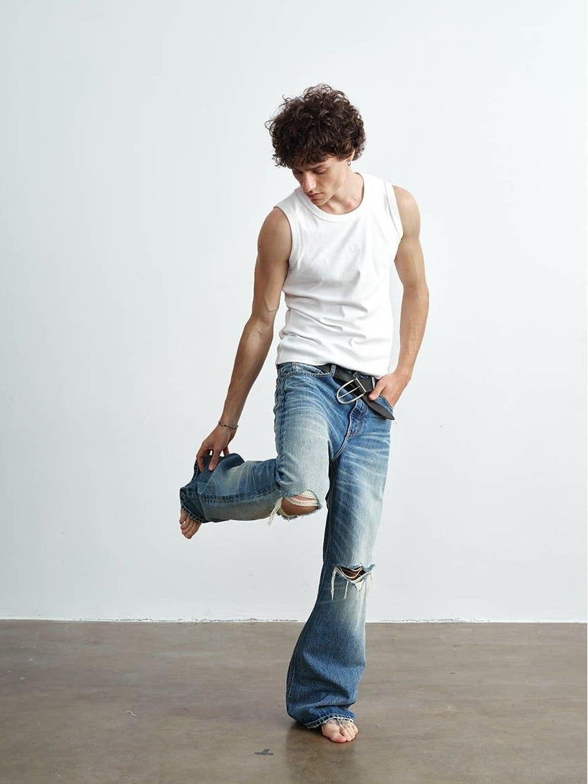 VLABMADE Ripped Washed Mid Rise Vintage Loose Denim Breathable Blue Straight-Leg Jeans