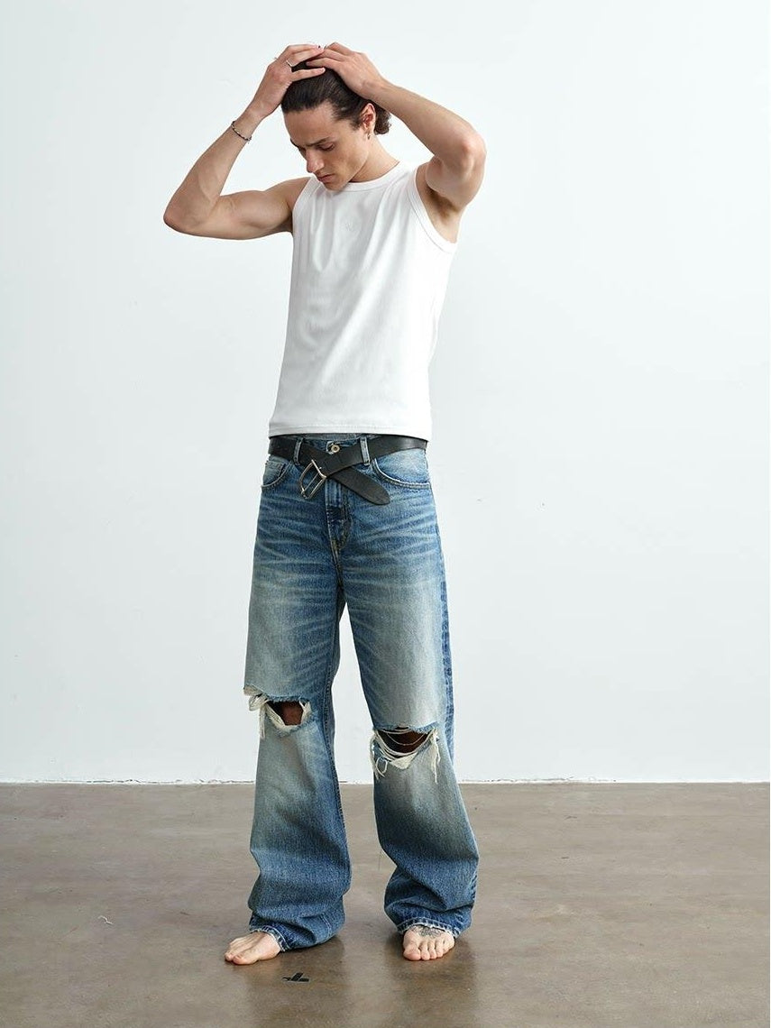 VLABMADE Ripped Washed Mid Rise Vintage Loose Denim Breathable Blue Straight-Leg Jeans
