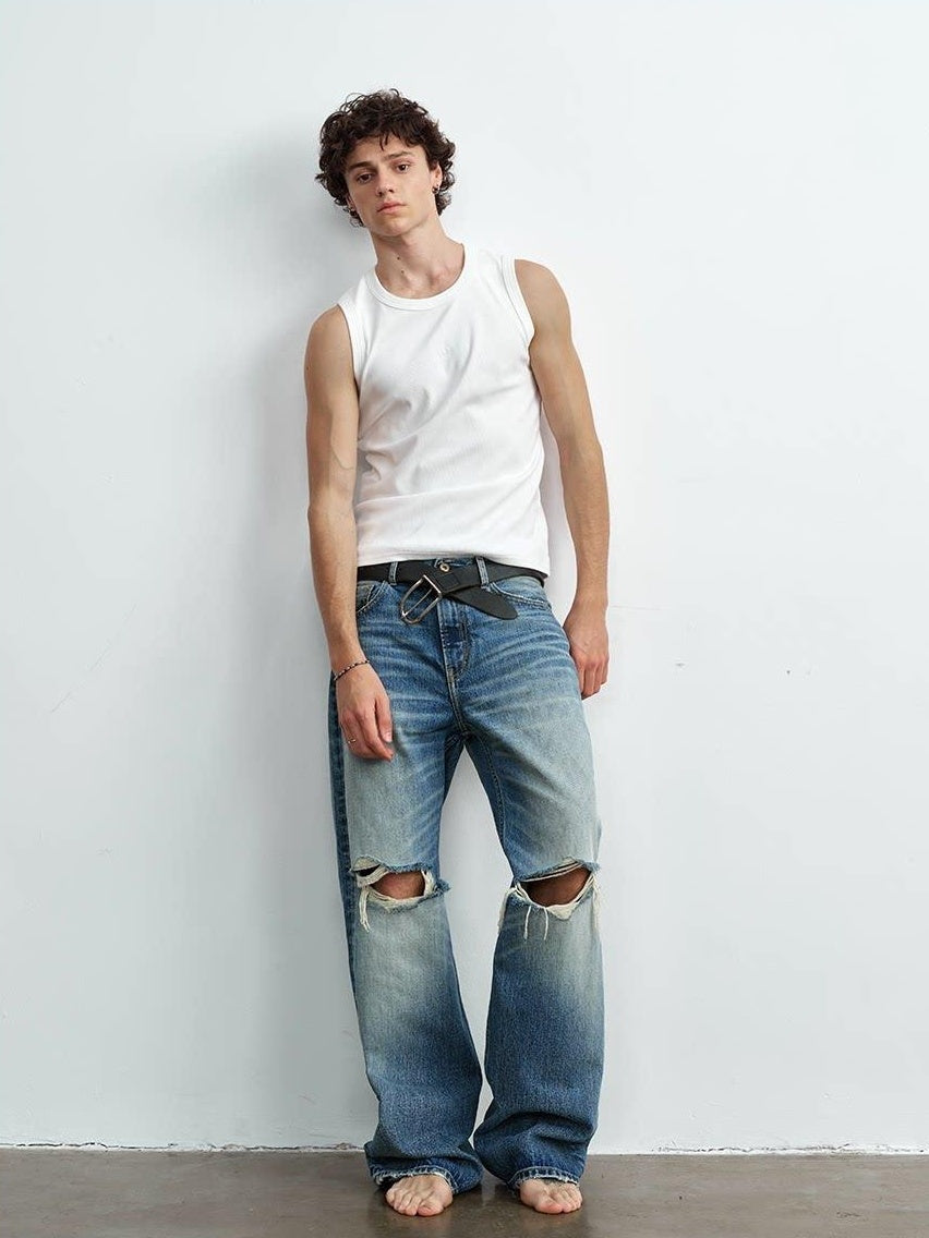 VLABMADE Ripped Washed Mid Rise Vintage Loose Denim Breathable Blue Straight-Leg Jeans