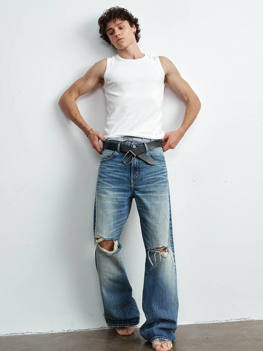 VLABMADE Ripped Washed Mid Rise Vintage Loose Denim Breathable Blue Straight-Leg Jeans