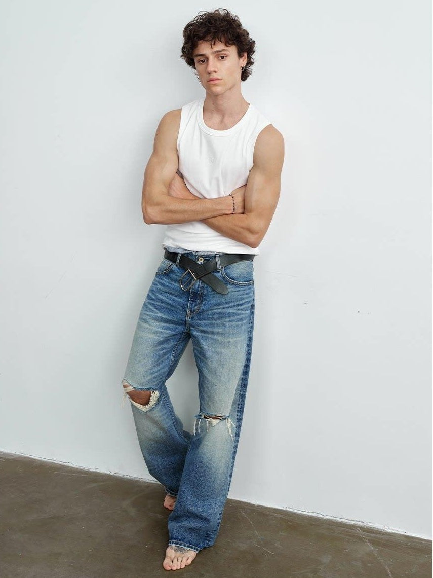 VLABMADE Ripped Washed Mid Rise Vintage Loose Denim Breathable Blue Straight-Leg Jeans