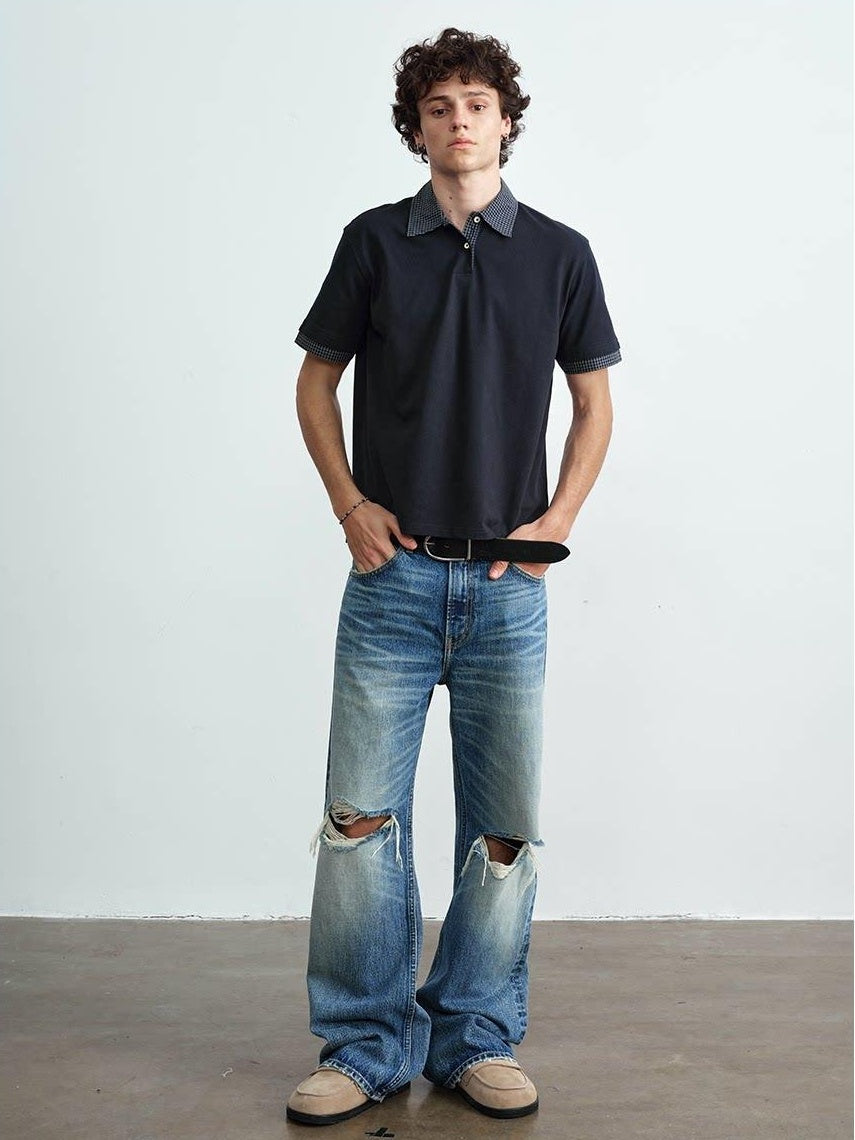 VLABMADE Ripped Washed Mid Rise Vintage Loose Denim Breathable Blue Straight-Leg Jeans