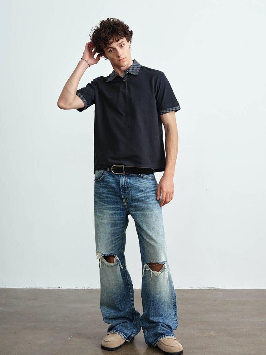 VLABMADE Ripped Washed Mid Rise Vintage Loose Denim Breathable Blue Straight-Leg Jeans