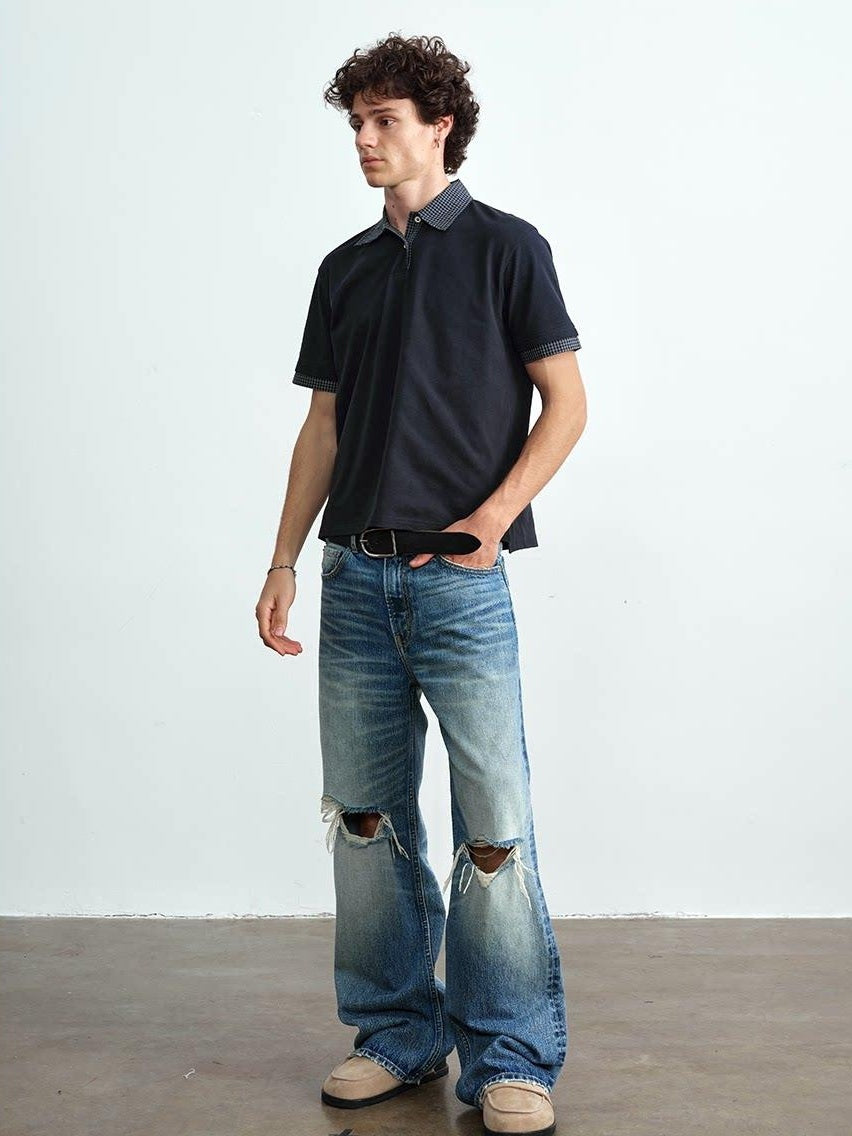 VLABMADE Ripped Washed Mid Rise Vintage Loose Denim Breathable Blue Straight-Leg Jeans