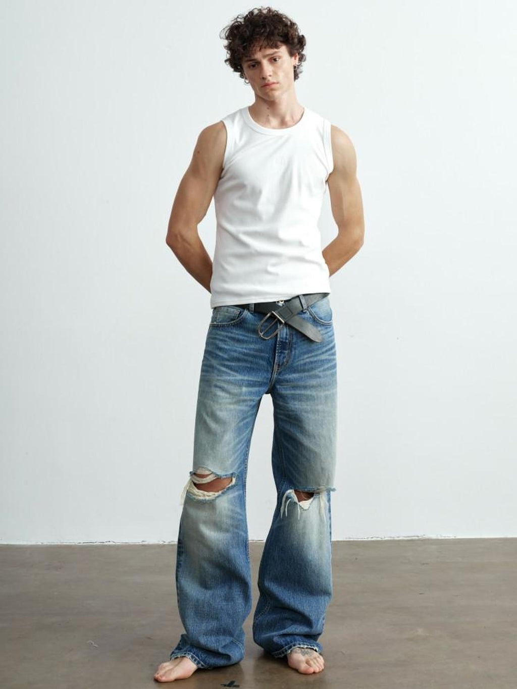 VLABMADE Ripped Washed Mid Rise Vintage Loose Denim Breathable Blue Straight-Leg Jeans