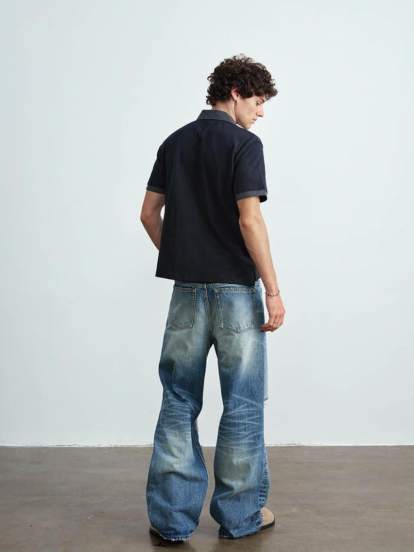 VLABMADE Ripped Washed Mid Rise Vintage Loose Denim Breathable Blue Straight-Leg Jeans