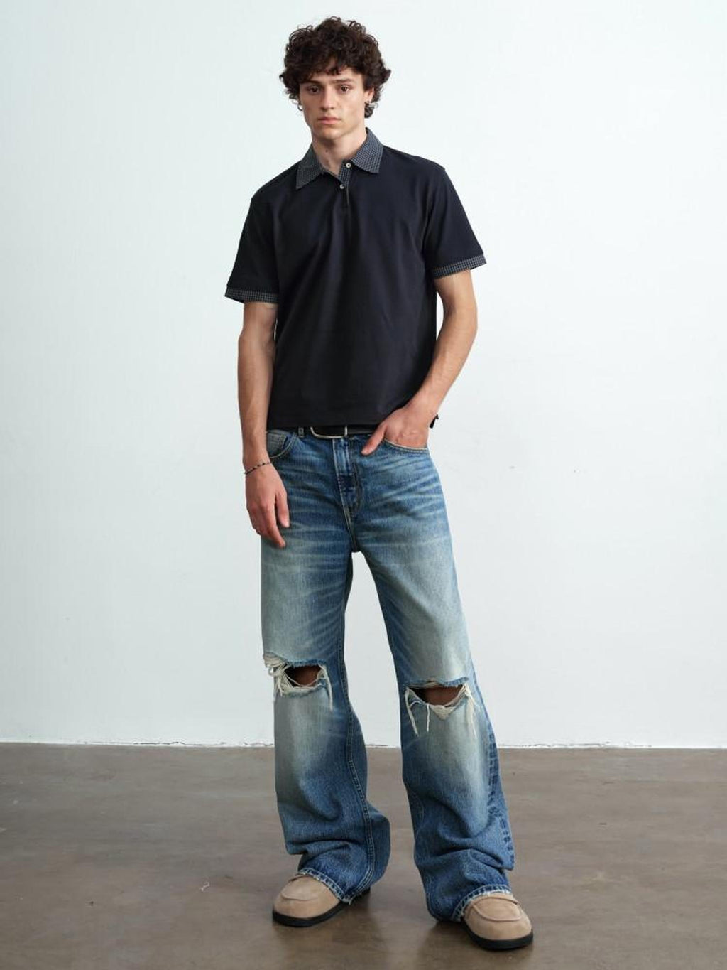 VLABMADE Ripped Washed Mid Rise Vintage Loose Denim Breathable Blue Straight-Leg Jeans