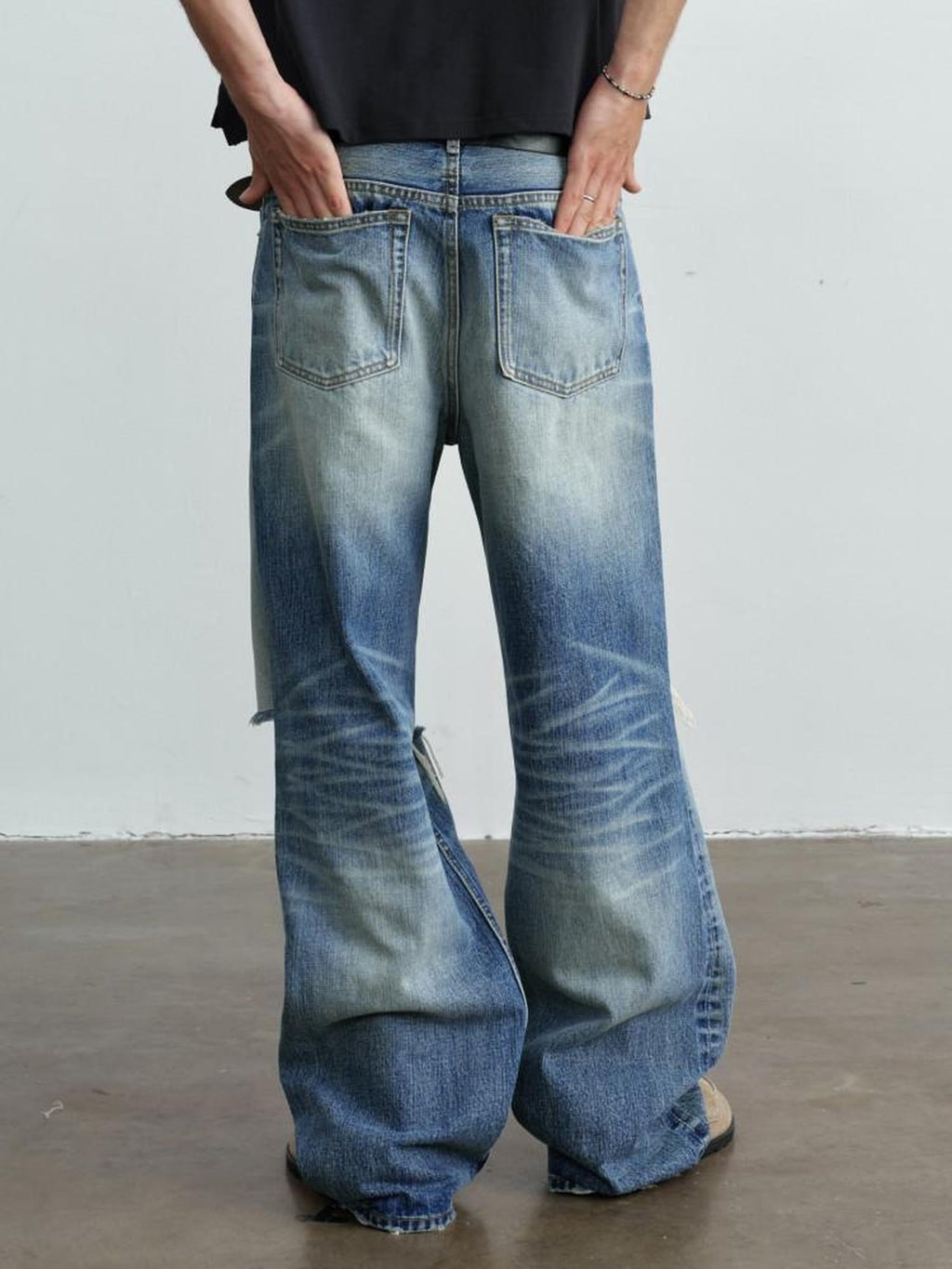 VLABMADE Ripped Washed Mid Rise Vintage Loose Denim Breathable Blue Straight-Leg Jeans