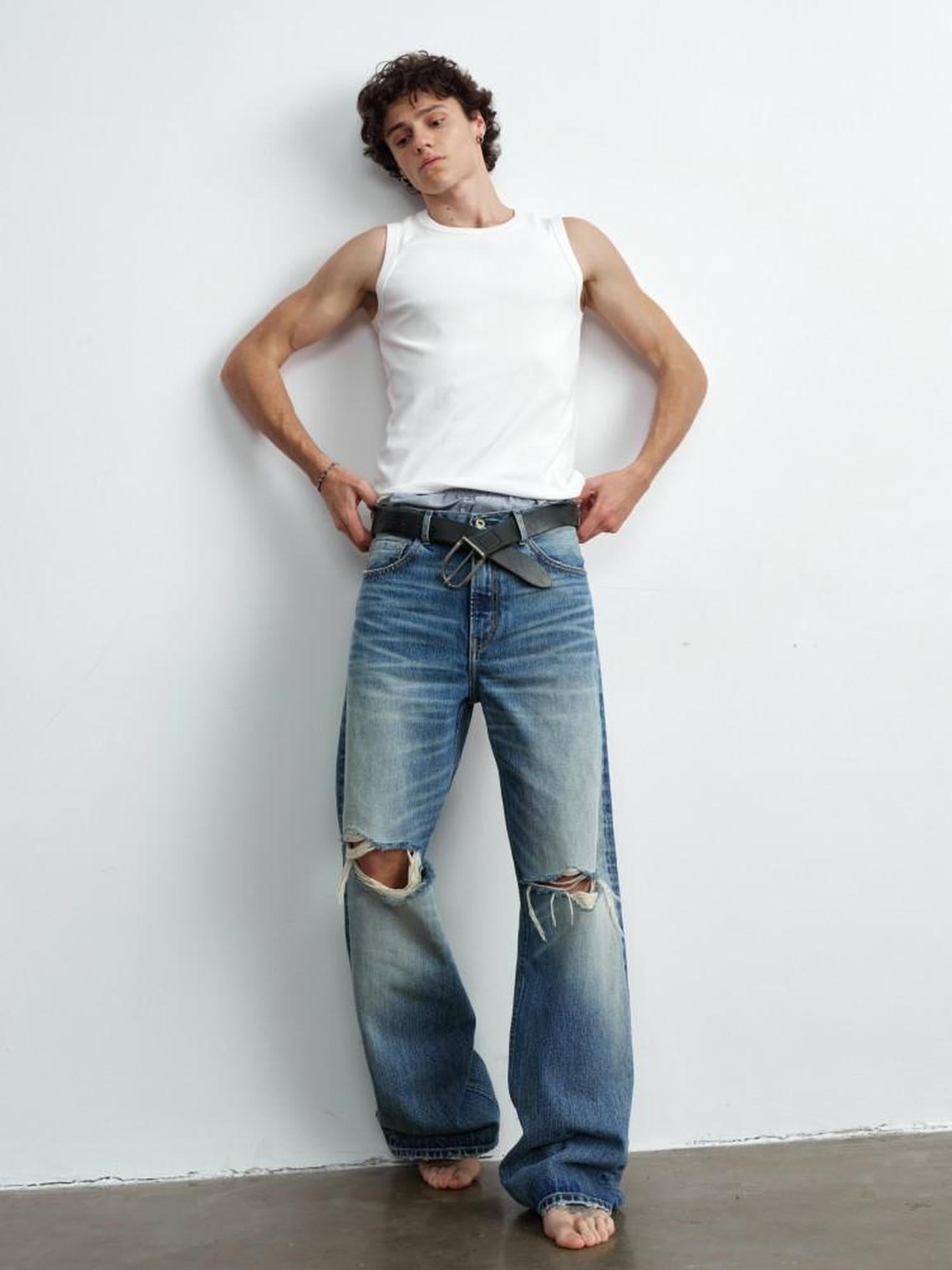 VLABMADE Ripped Washed Mid Rise Vintage Loose Denim Breathable Blue Straight-Leg Jeans