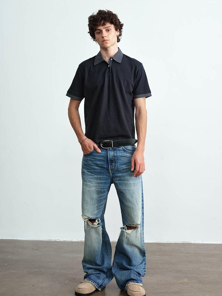 VLABMADE Ripped Washed Mid Rise Vintage Loose Denim Breathable Blue Straight-Leg Jeans