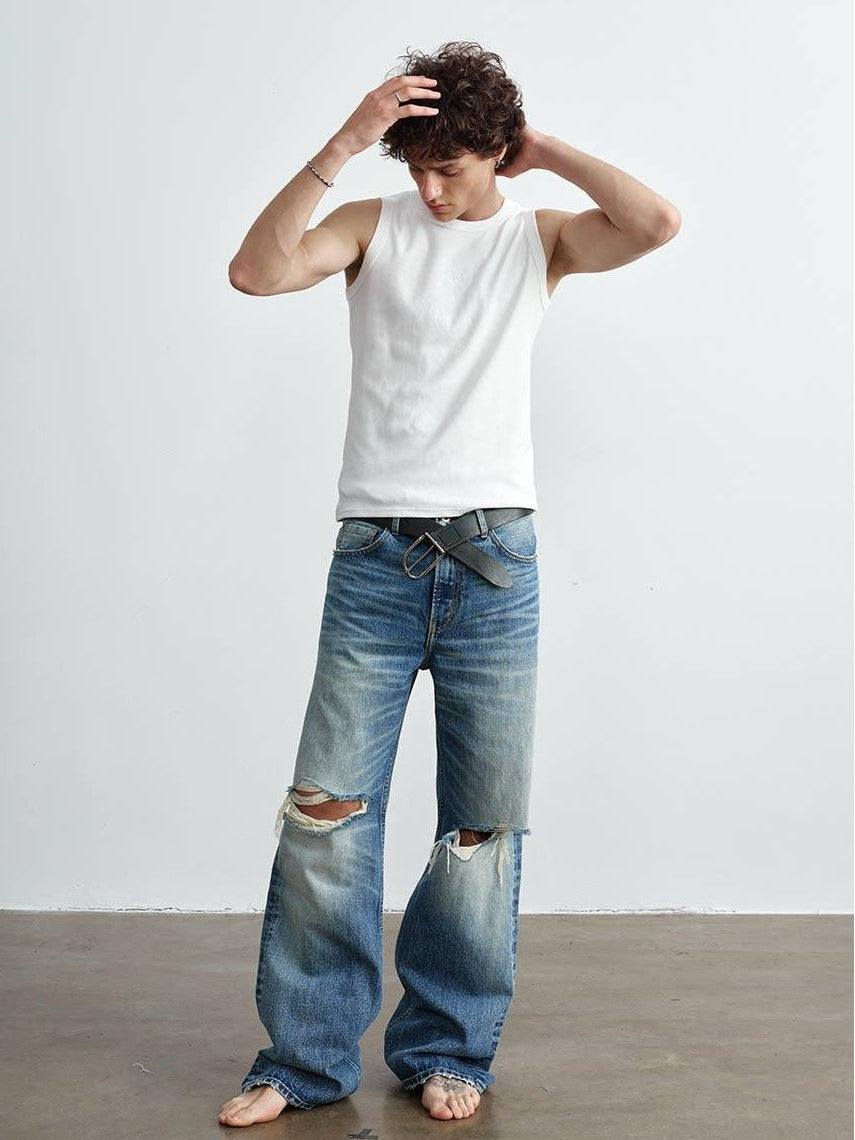 VLABMADE Ripped Washed Mid Rise Vintage Loose Denim Breathable Blue Straight-Leg Jeans