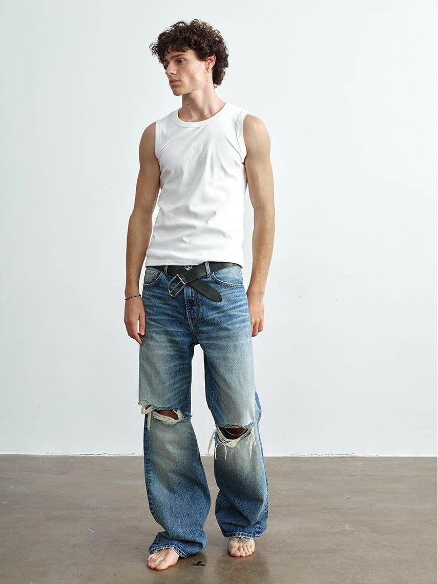 VLABMADE Ripped Washed Mid Rise Vintage Loose Denim Breathable Blue Straight-Leg Jeans