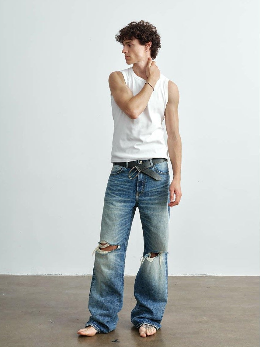 VLABMADE Ripped Washed Mid Rise Vintage Loose Denim Breathable Blue Straight-Leg Jeans