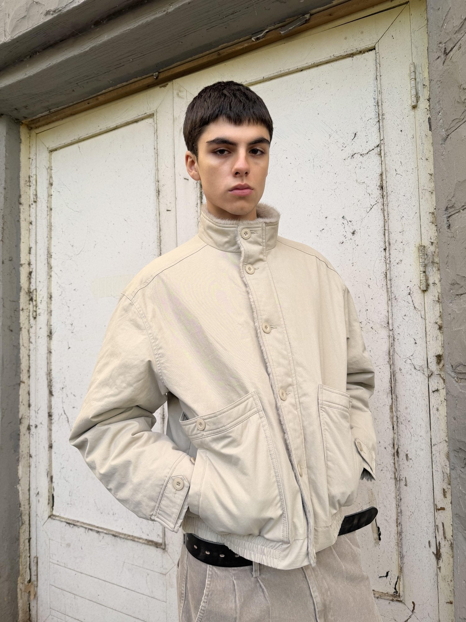 VLABMADE Ruched Cotton Filled Short Stand Collar Unisex Patch Pocket Puffer Jackets
