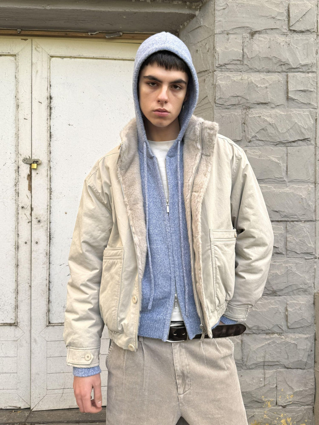 VLABMADE Ruched Cotton Filled Short Stand Collar Unisex Patch Pocket Puffer Jackets