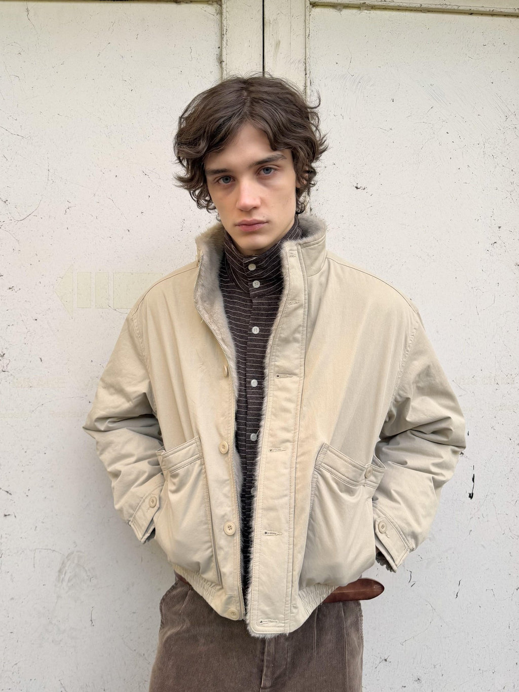 VLABMADE Ruched Cotton Filled Short Stand Collar Unisex Patch Pocket Puffer Jackets