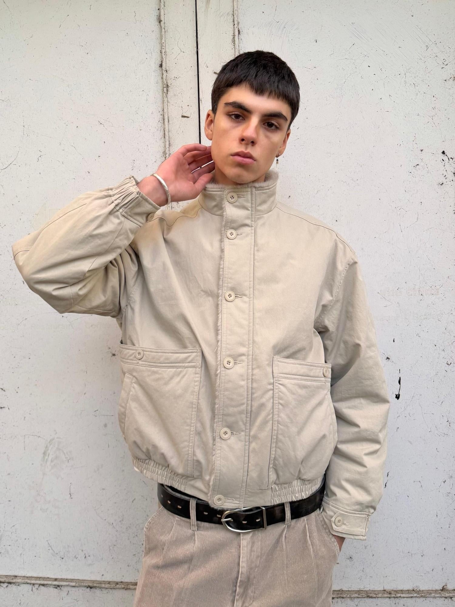 VLABMADE Ruched Cotton Filled Short Stand Collar Unisex Patch Pocket Puffer Jackets