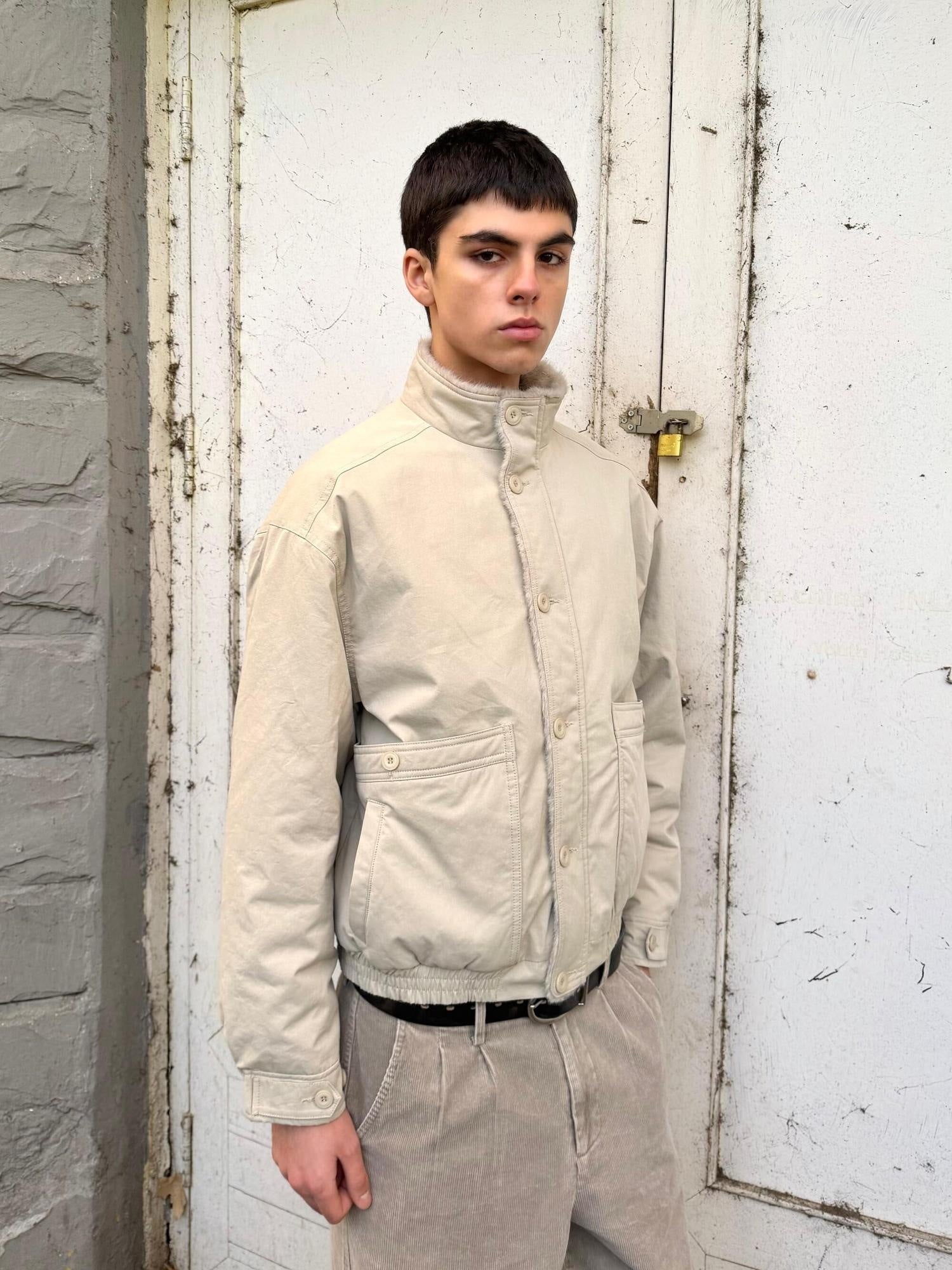 VLABMADE Ruched Cotton Filled Short Stand Collar Unisex Patch Pocket Puffer Jackets
