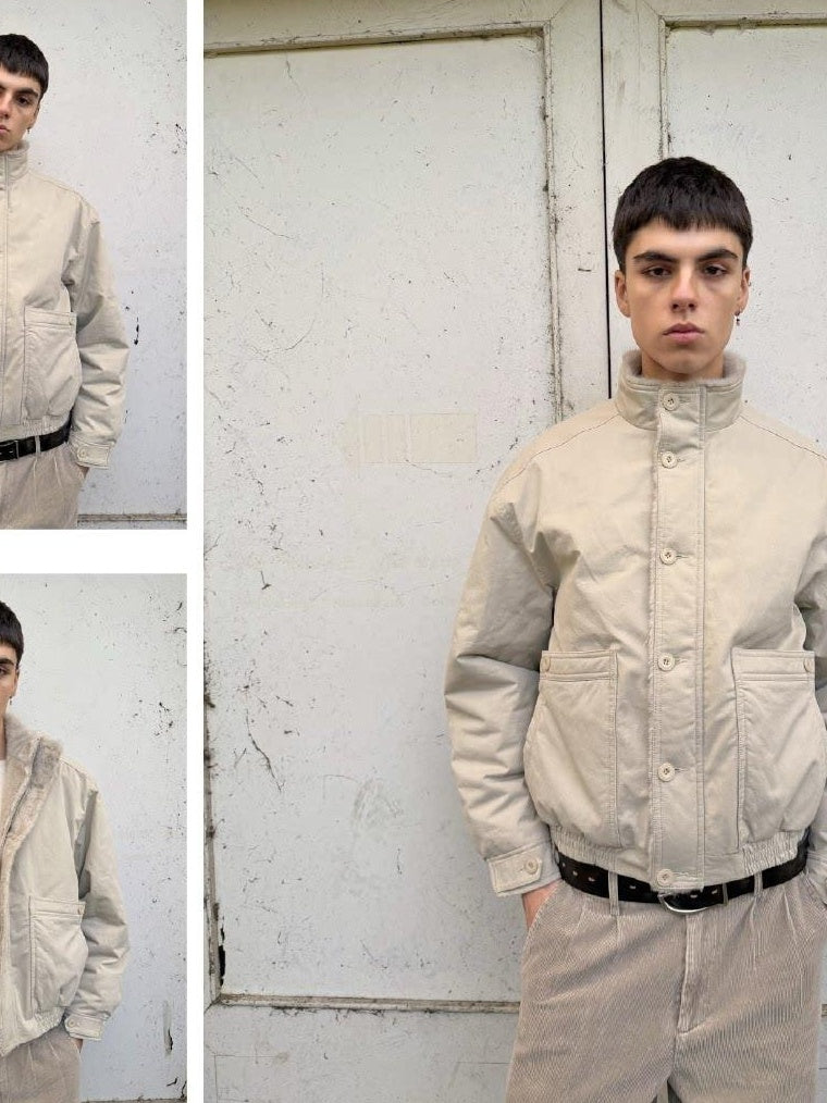 VLABMADE Ruched Cotton Filled Short Stand Collar Unisex Patch Pocket Puffer Jackets