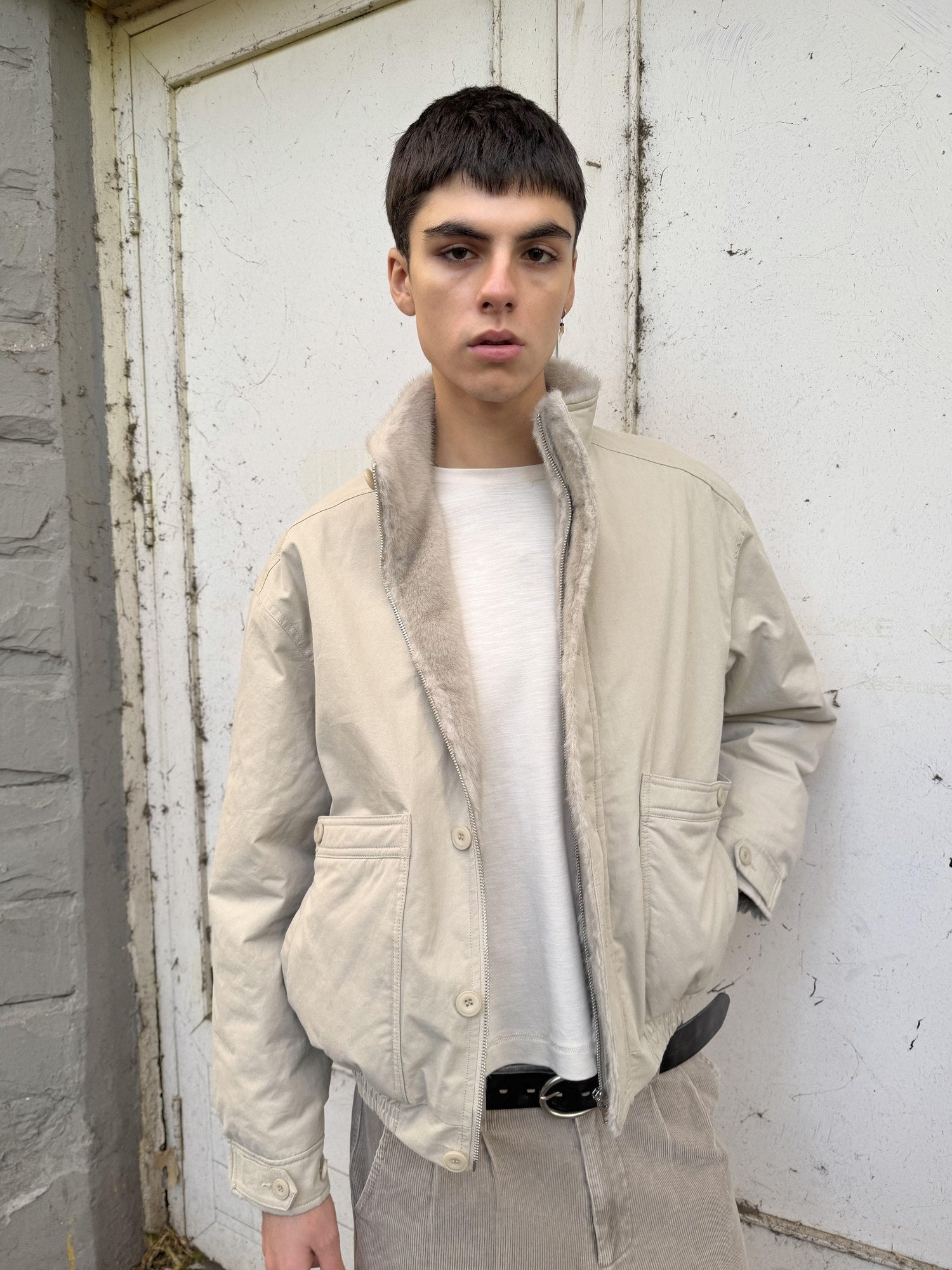 VLABMADE Ruched Cotton Filled Short Stand Collar Unisex Patch Pocket Puffer Jackets