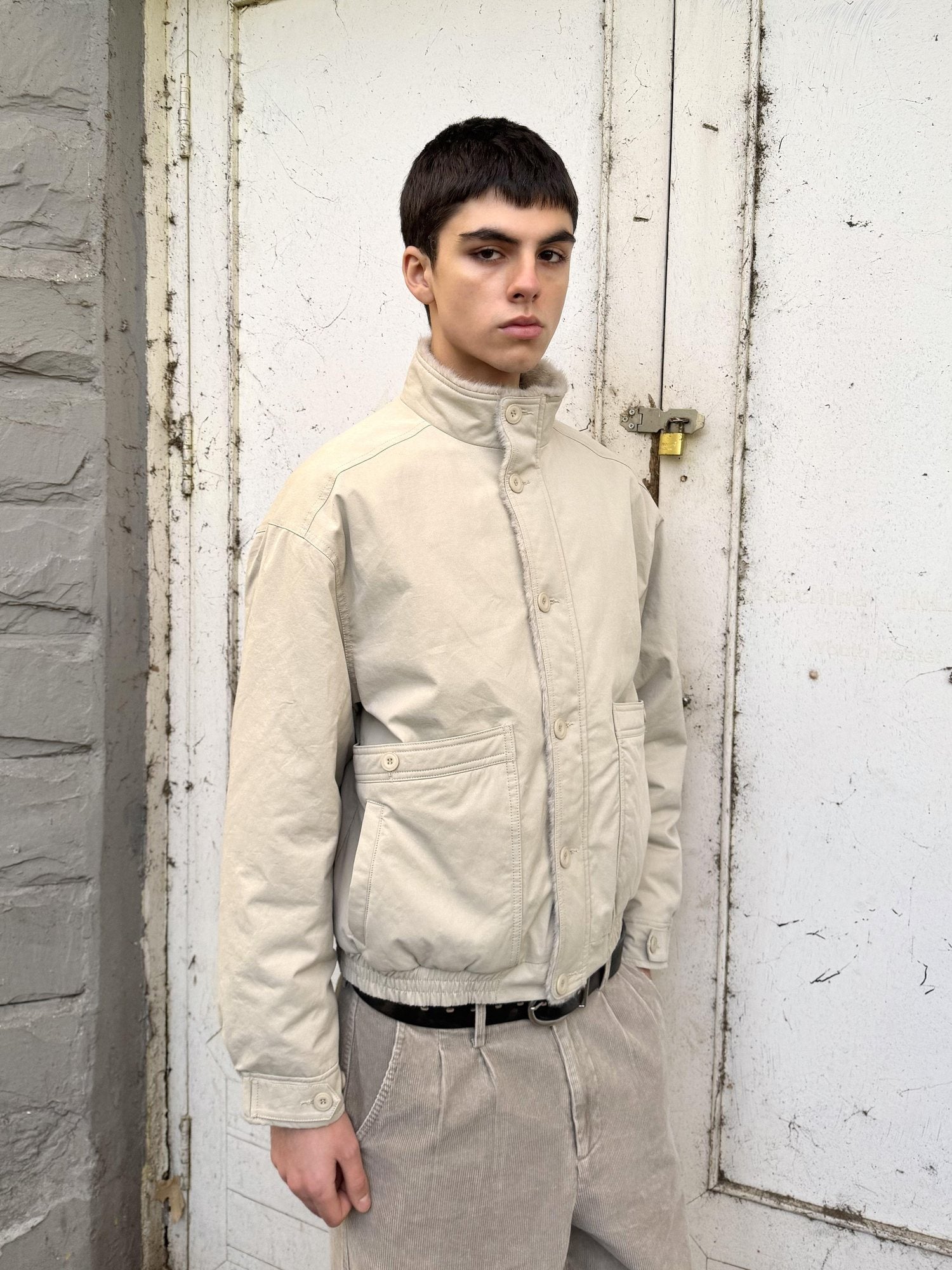 VLABMADE Ruched Cotton Filled Short Stand Collar Unisex Patch Pocket Puffer Jackets