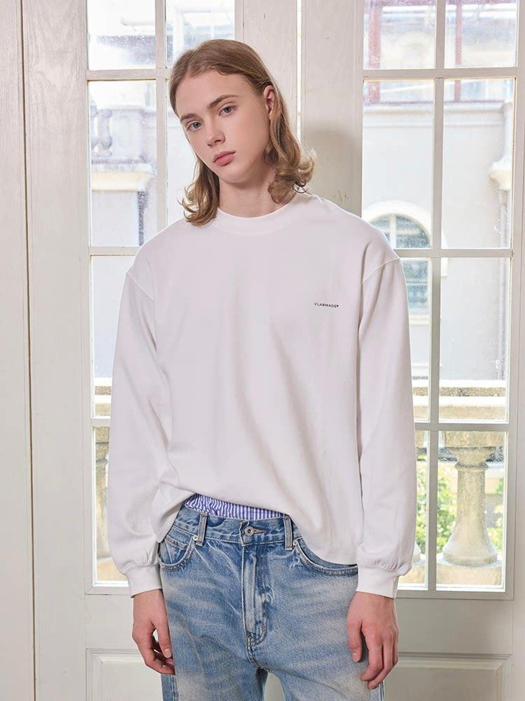 VLABMADE Soft Breathable 100% Cotton Logo Print Loose Fit Crewneck Men Casual Sweatshirts
