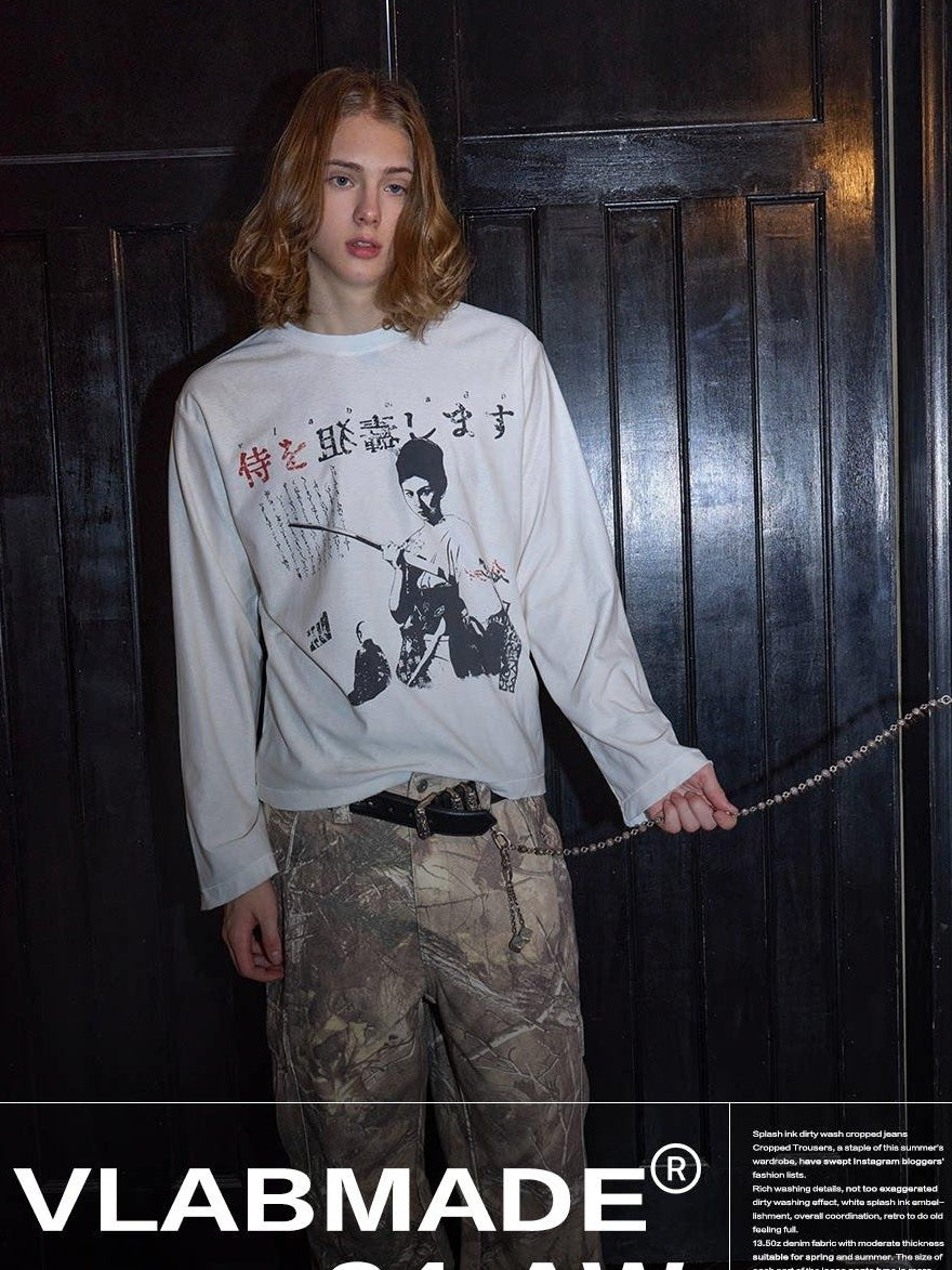 VLABMADE Soft Breathable 100% Cotton Loose Long Sleeve Digital Print Men Graphic T-Shirts