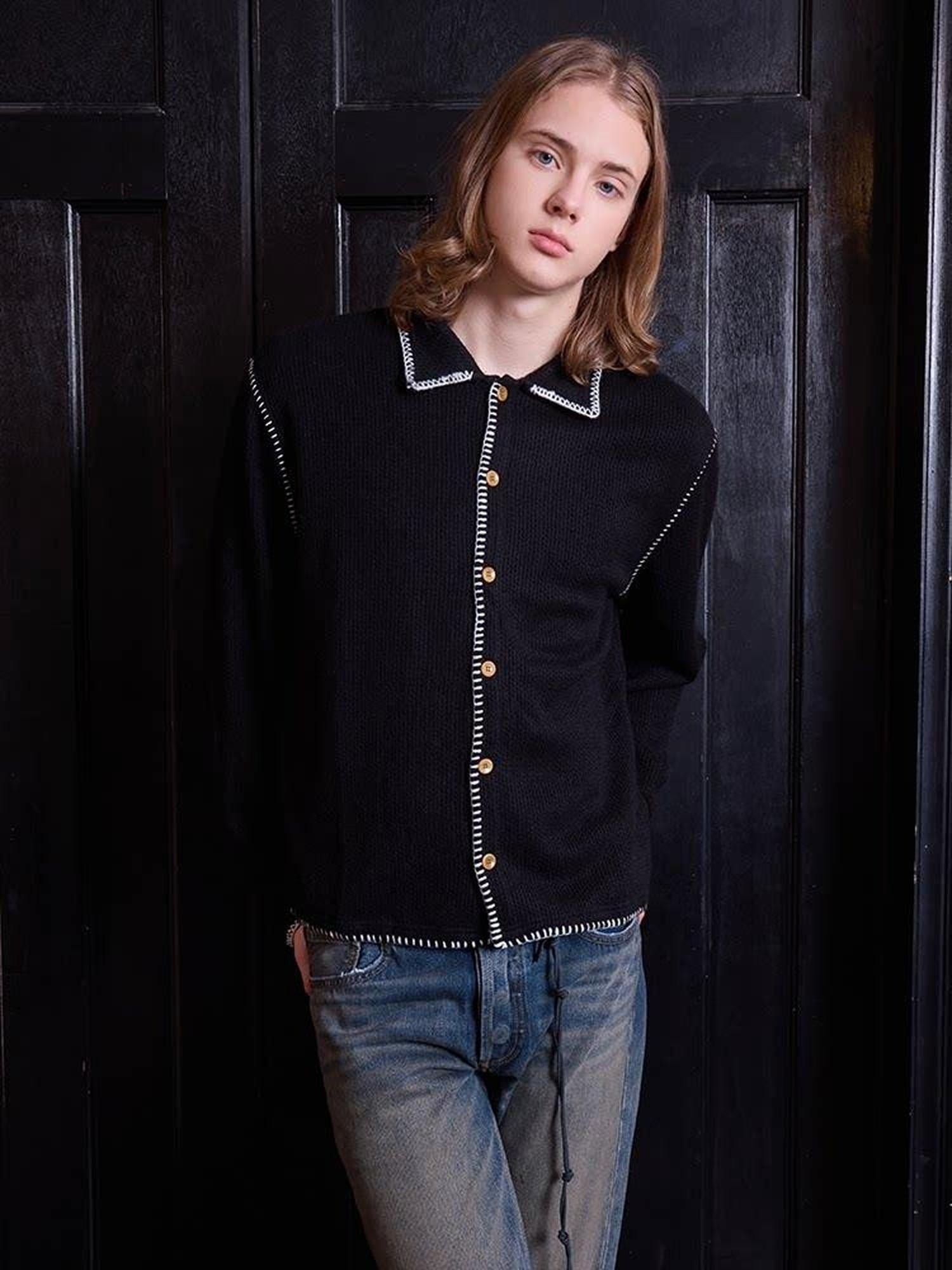 VLABMADE Soft Breathable Warm Loose Triangle Knit Lapel Button Men Solid Cardigans