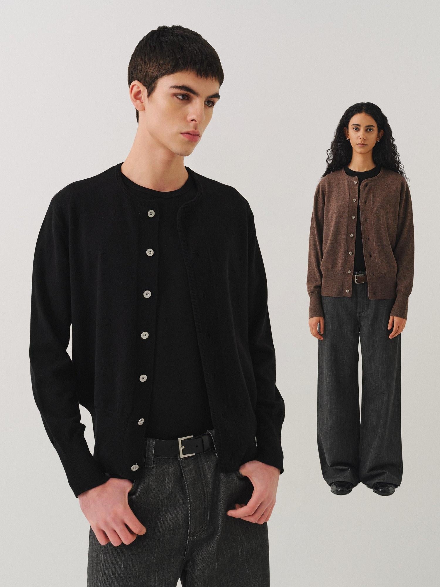 VLABMADE Soft Handstitched Slim Cropped Round Neck Unisex Wool Blend Button Cardigans