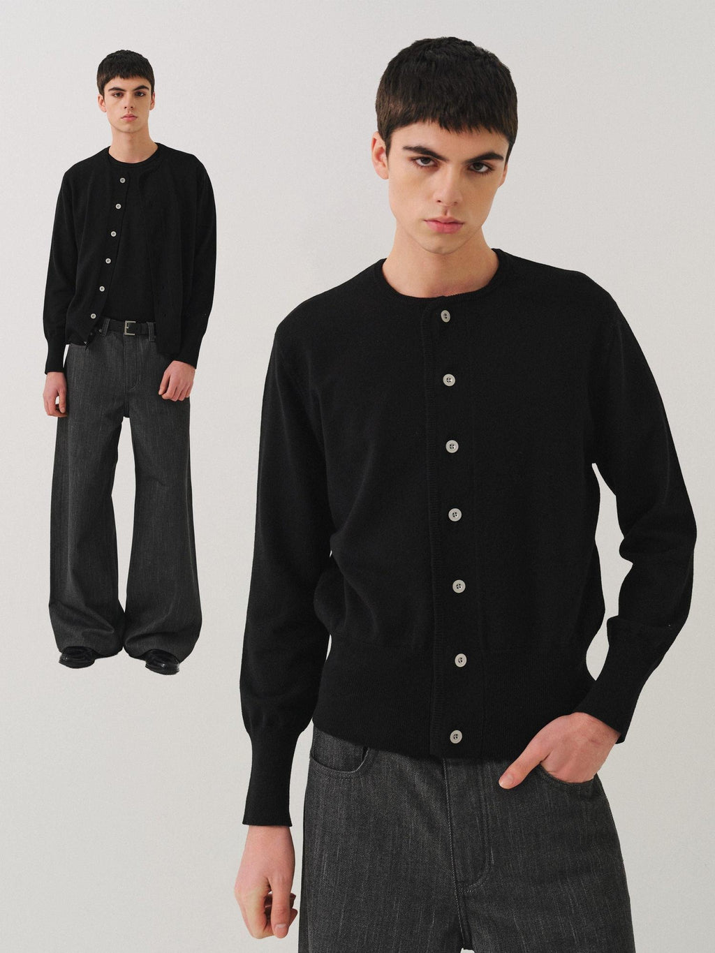 VLABMADE Soft Handstitched Slim Cropped Round Neck Unisex Wool Blend Button Cardigans