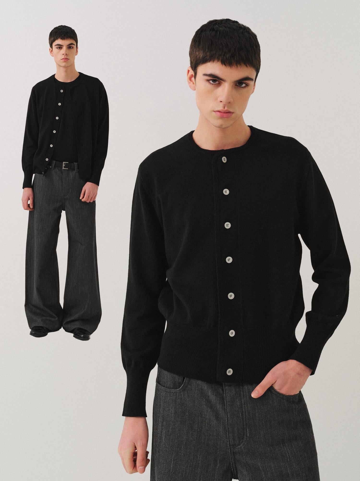 VLABMADE Soft Handstitched Slim Cropped Round Neck Unisex Wool Blend Button Cardigans