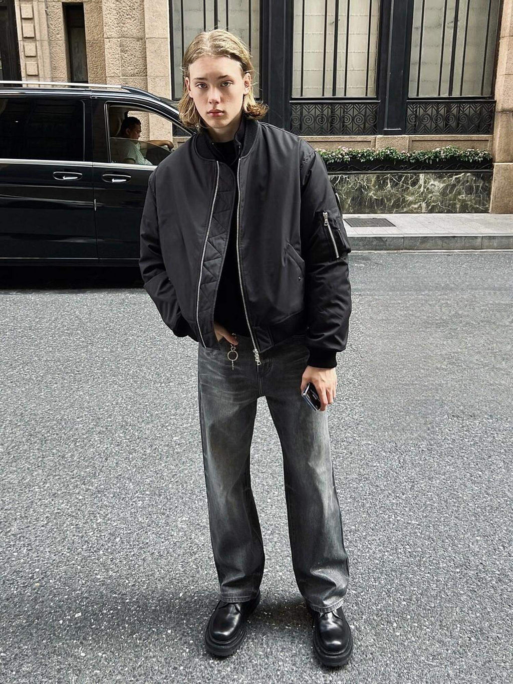 VLABMADE Warm Cotton Ma1 Loose Fit Ribbed Hem Pocket Baseball Collar Black Bomber Jackets