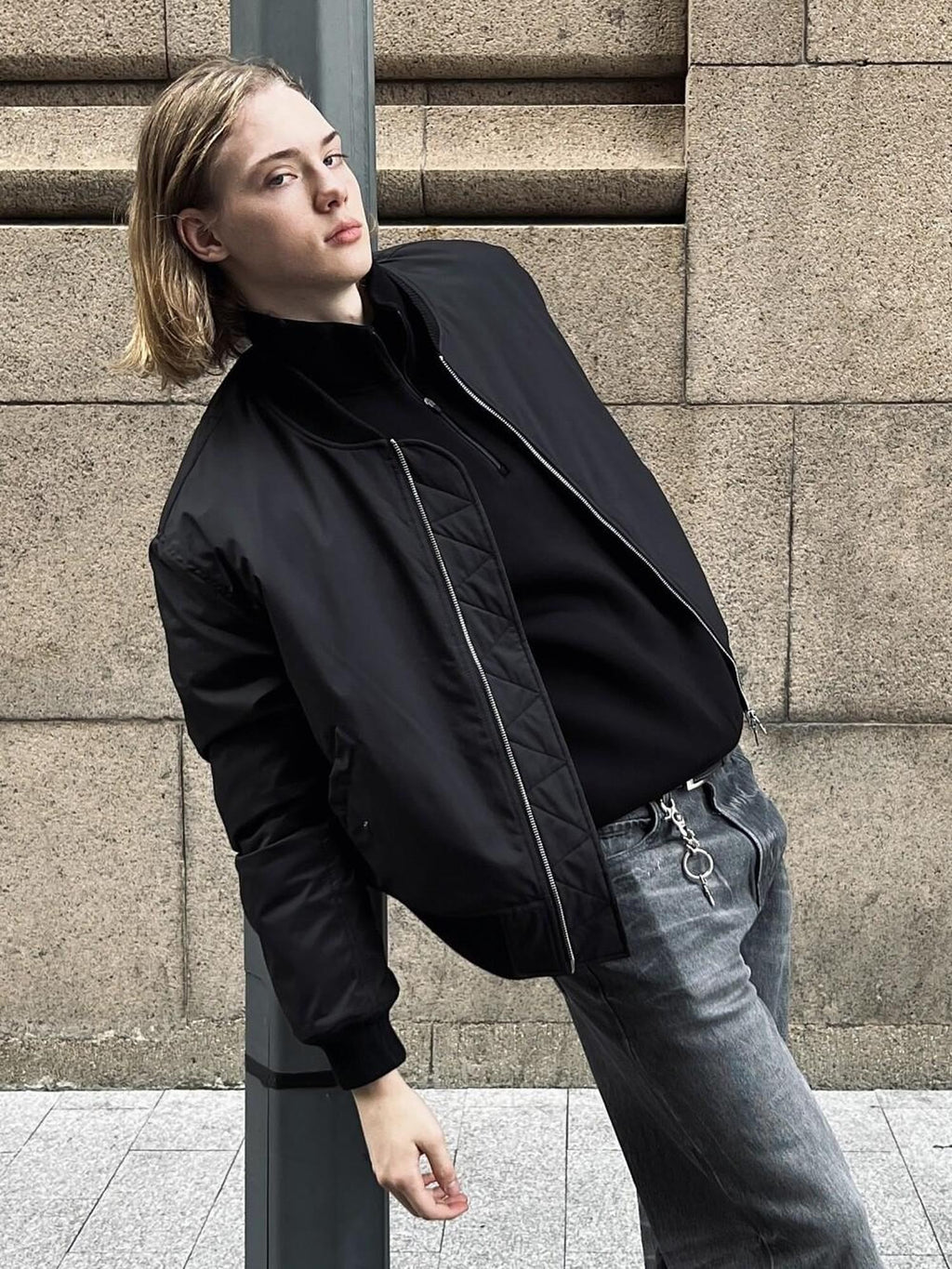 VLABMADE Warm Cotton Ma1 Loose Fit Ribbed Hem Pocket Baseball Collar Black Bomber Jackets