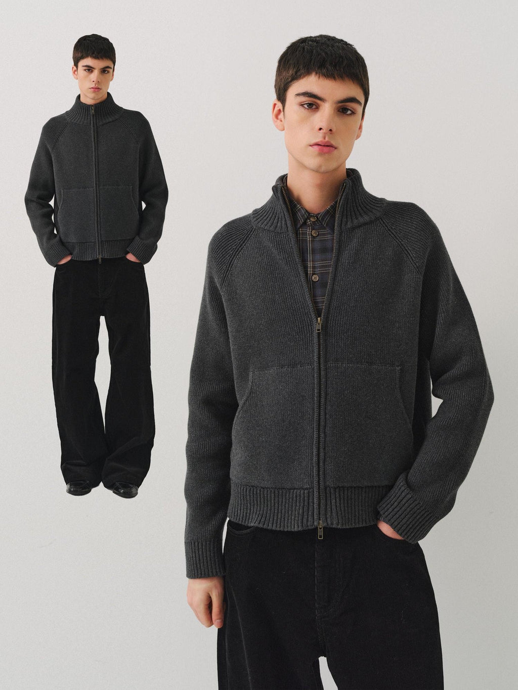 VLABMADE Warm Double Zipper Cleanfit Loose Unisex Pure Cotton Dark Gray Zip Knitwear