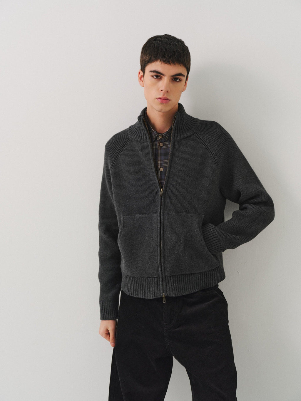 VLABMADE Warm Double Zipper Cleanfit Loose Unisex Pure Cotton Dark Gray Zip Knitwear