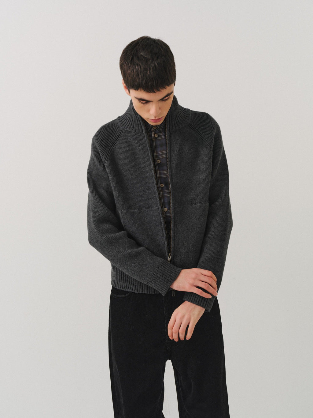 VLABMADE Warm Double Zipper Cleanfit Loose Unisex Pure Cotton Dark Gray Zip Knitwear