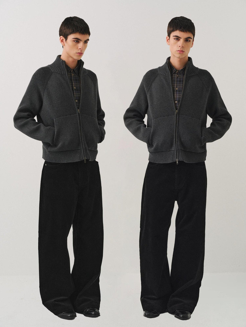 VLABMADE Warm Double Zipper Cleanfit Loose Unisex Pure Cotton Dark Gray Zip Knitwear