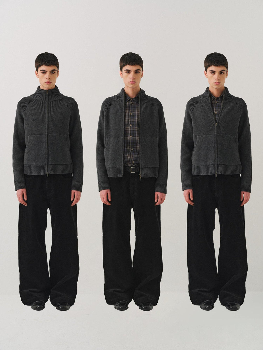 VLABMADE Warm Double Zipper Cleanfit Loose Unisex Pure Cotton Dark Gray Zip Knitwear