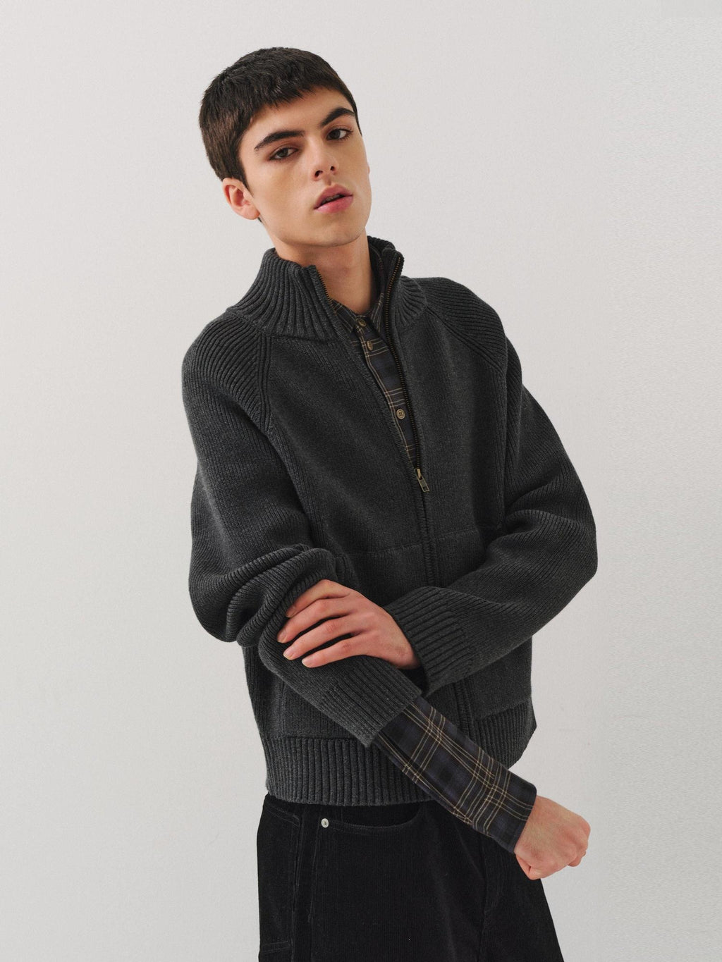 VLABMADE Warm Double Zipper Cleanfit Loose Unisex Pure Cotton Dark Gray Zip Knitwear