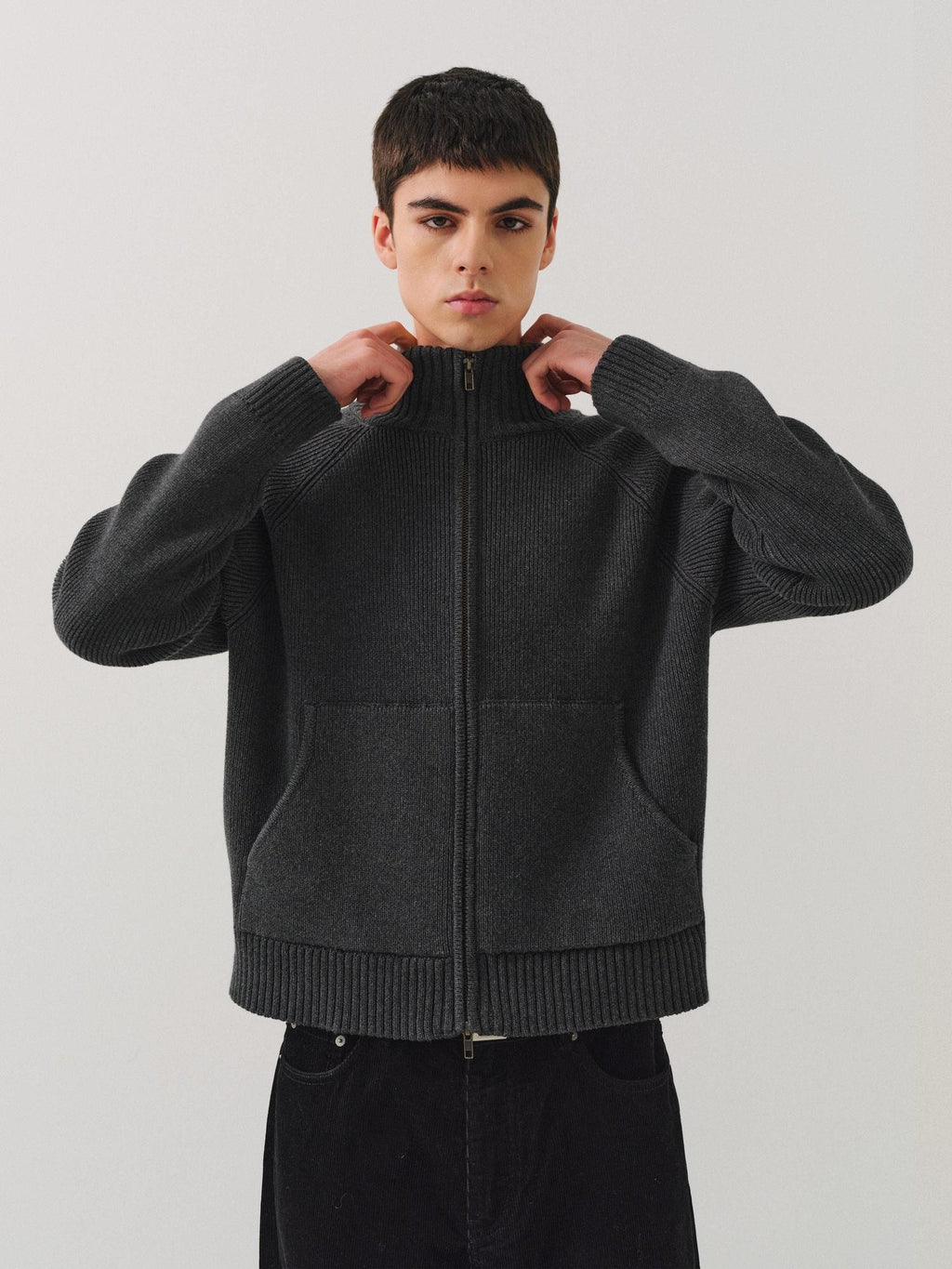 VLABMADE Warm Double Zipper Cleanfit Loose Unisex Pure Cotton Dark Gray Zip Knitwear