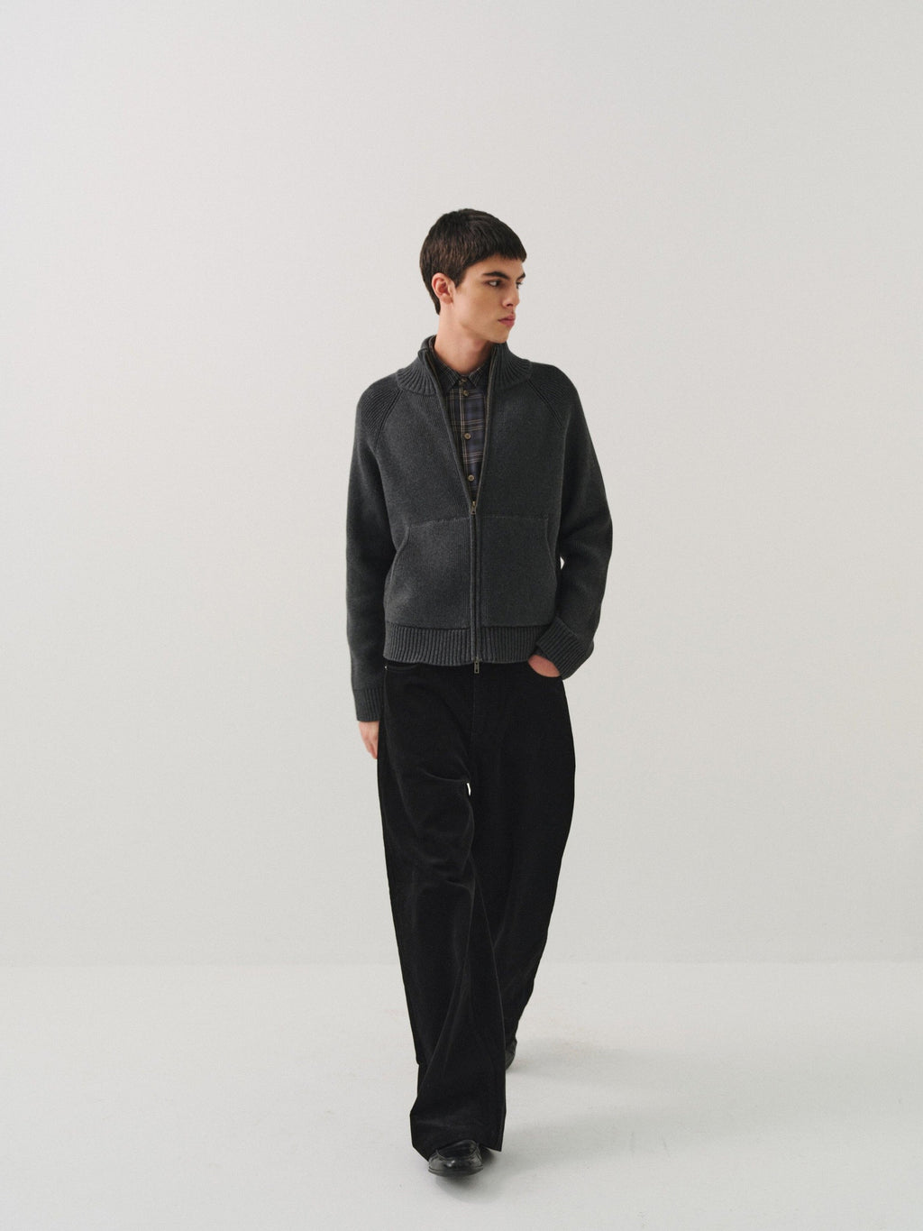 VLABMADE Warm Double Zipper Cleanfit Loose Unisex Pure Cotton Dark Gray Zip Knitwear