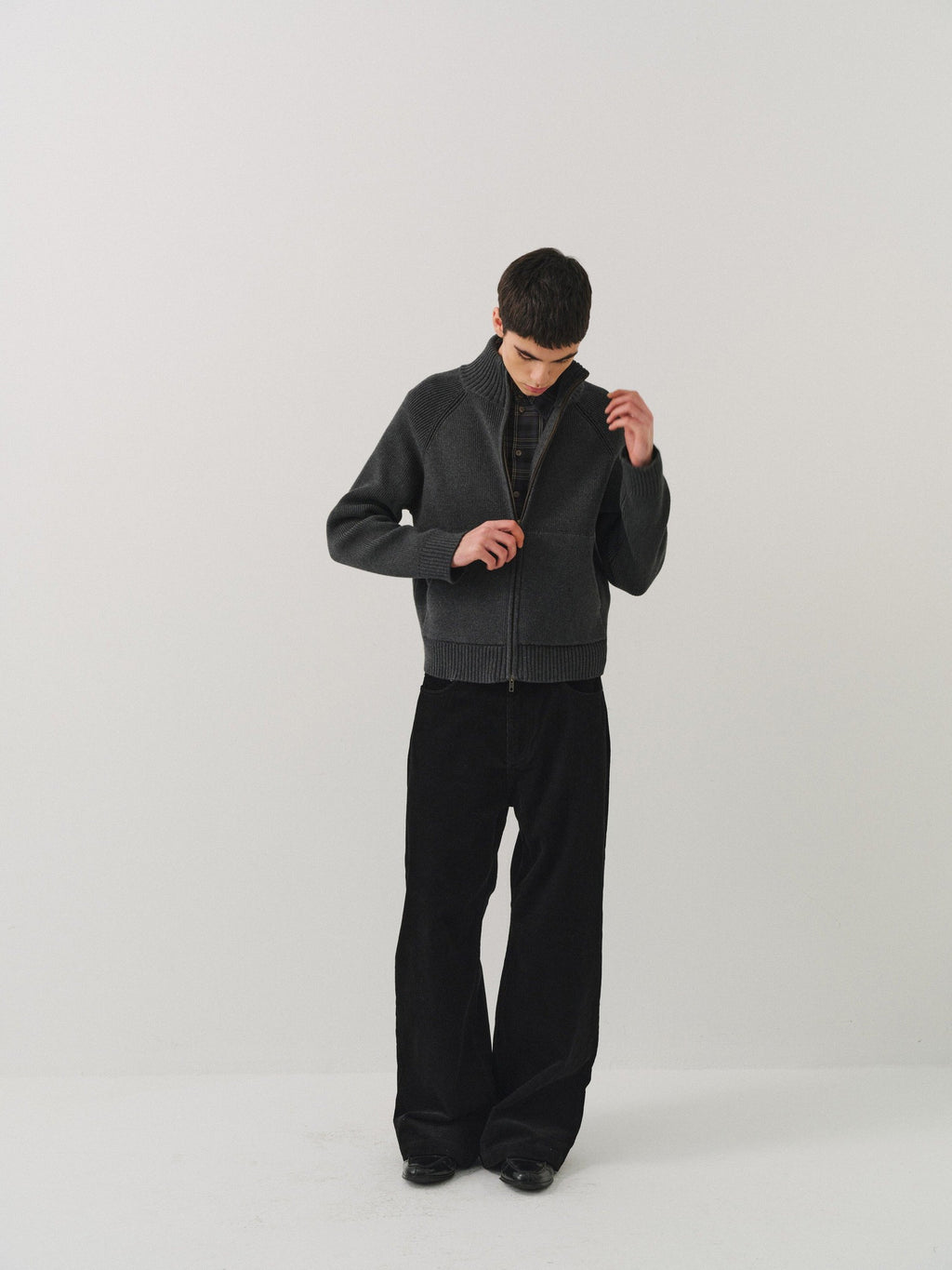 VLABMADE Warm Double Zipper Cleanfit Loose Unisex Pure Cotton Dark Gray Zip Knitwear