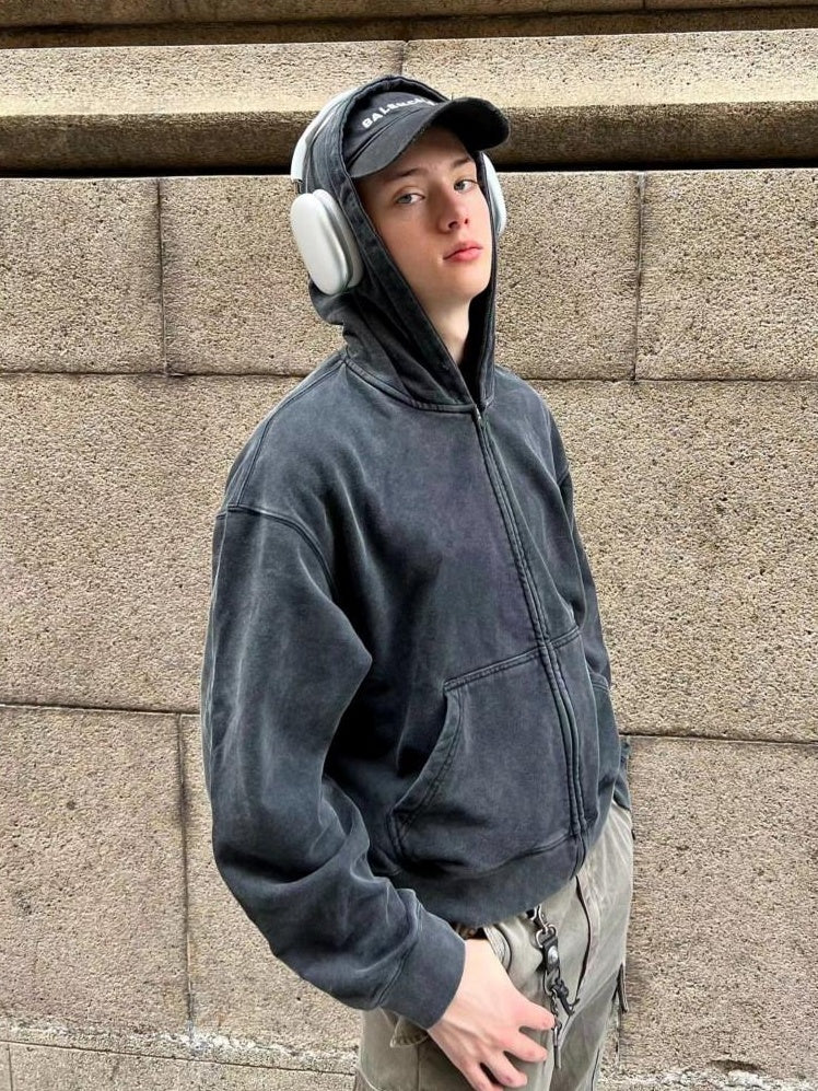 VLABMADE Warm Durable Cotton Loose Fit Hooded Drop Shoulder Mens Daily Casual Zip Hoodies