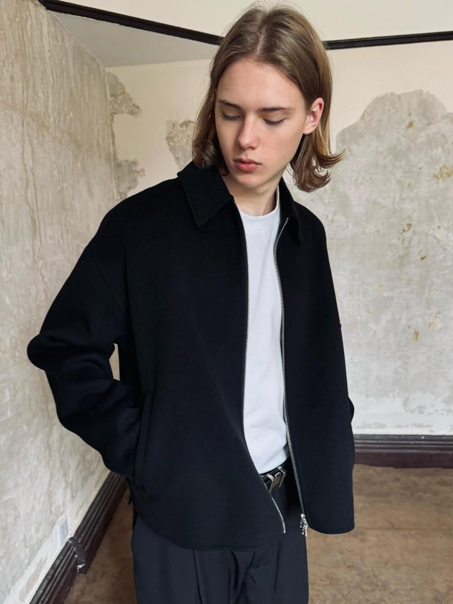 VLABMADE Warm Pure Wool Loose Minimal Short Zip Shirt Collar Men Black Overshirts
