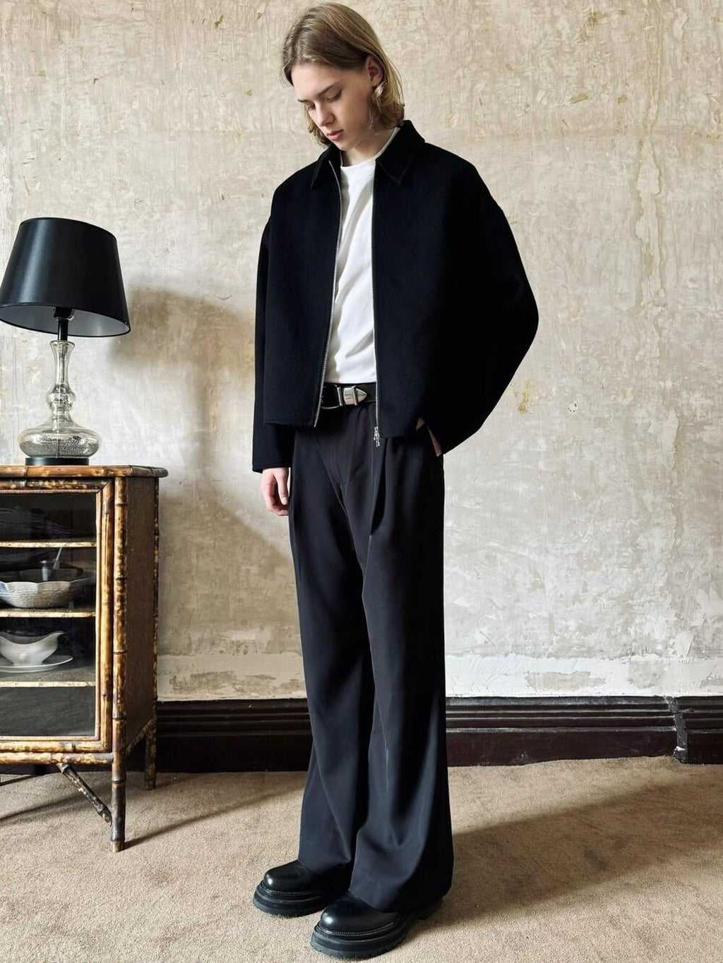 VLABMADE Warm Pure Wool Loose Minimal Short Zip Shirt Collar Men Black Overshirts