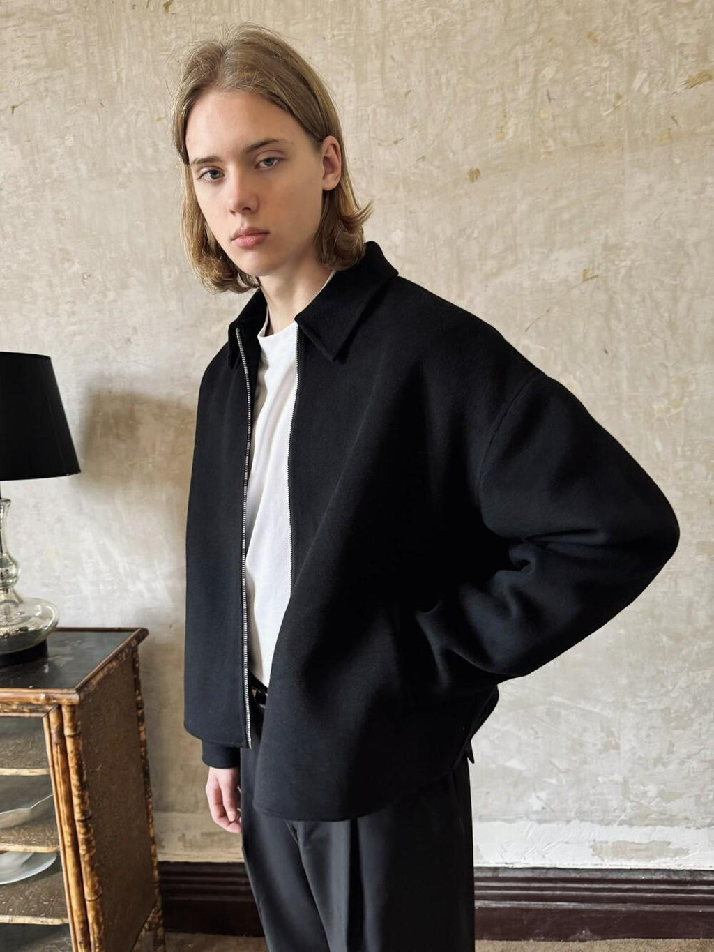 VLABMADE Warm Pure Wool Loose Minimal Short Zip Shirt Collar Men Black Overshirts